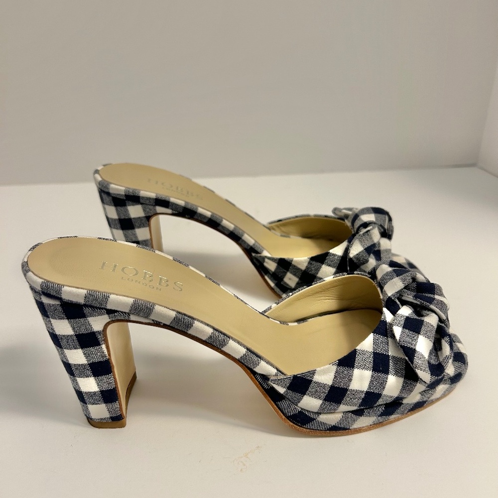 Hobbs Navy/White Gingham High Heeled Sandals Size 38 Spring ~ Vacation!